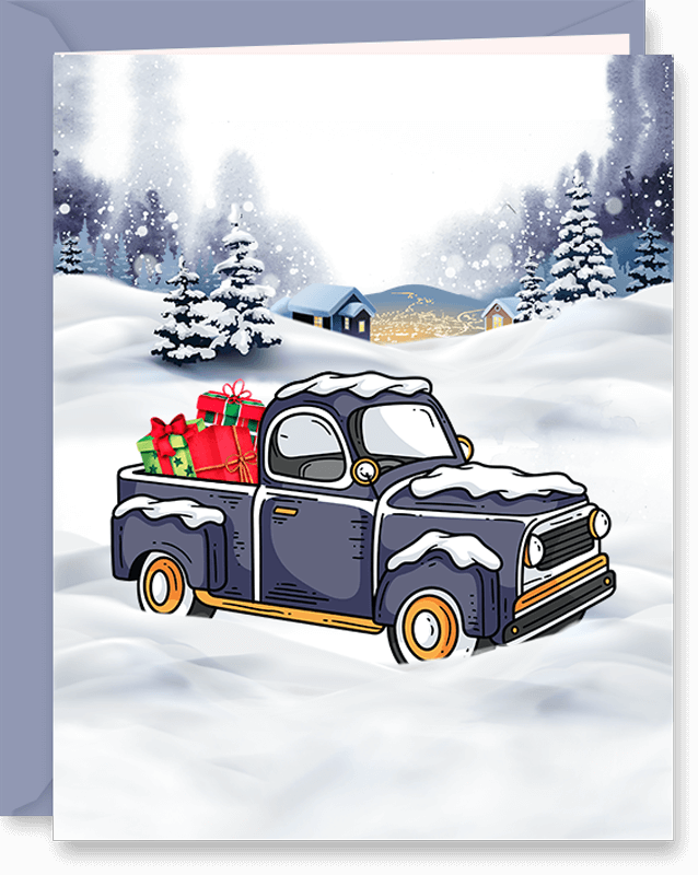 Pickup Truck with Gift Boxes Snowy Christmas Greeting Card