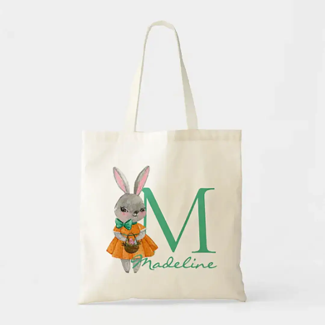 Cute Girl Easter Bunny Initial and Name Tote Bag - Vizons Design